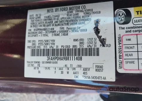 2011 Ford Fusion Se z USA, uszkodzony, nr VIN 3FAHP0HA9BR111408